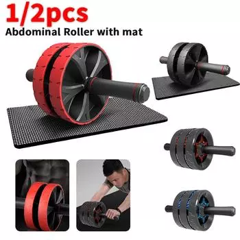 Тренажер для укрепления мышц брюшного пресса, роликовый тренажер для укрепления мышц, двухколесный тренажер для укрепления мышц, низкий уровень шума, длинная рукоятка для фитнеса Black with Mat