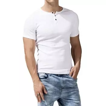 Тренажерный зал Slim Fit Henley с открытым воротником и коротким рукавом Тренировочная одежда Спортивная повседневная толстовка с капюшоном Длинная внутренняя часть белого цвета 2XL [NORRA] Футболка мужская с V-образным вырезом белый