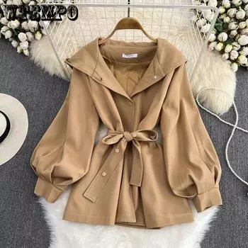 Тренч с капюшоном, женский осенне-зимний короткий повседневный дизайн, куртка с поясом, женская одежда S хаки