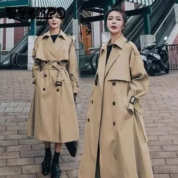 Тренч женский французский темперамент осенний модный дизайн винтажная туника с поясом свободная ретро двубортная ветровка женская S