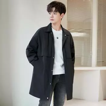 Тренчкот мужской средней и длинной длины, весенне-осеннее пальто, модная корейская версия, свободное повседневное пальто высокого класса XL чёрный