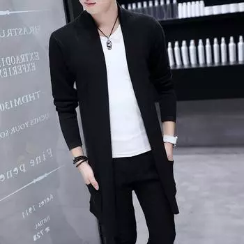 Тренчкот мужской средней и длинной длины весна-осень молодежный вязаный кардиган куртка тонкий корейский вариант повседневный лацкан тонкий свитер топ M чёрный