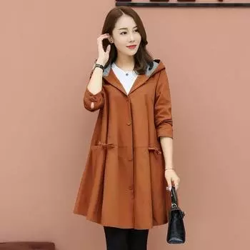 тренчкот средний и длинный корейский вариант большой размер свободный плащ пальто 2024 новый весенне-осенний тонкий женский тренчкот с капюшоном S оранжевый