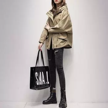 тренчкот женский средний и длинный с капюшоном весна и осень новый модный свободный популярный универсальный короткий пальто M абрикосовый