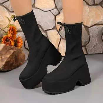Тренд 2025 Женские Новые Челси Туфли Платформа Женские Вязаные Ботильоны-носки до щиколотки Мода Зимние Снежные Боты Женские Обувь на Высоком Каблуке с Бантом 35 чёрный