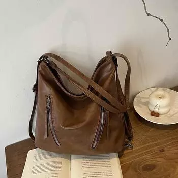 Trend Большая вместительная сумка-тоут для женщин, модный универсальный рюкзак, повседневная дорожная сумка на плечо с двойной молнией коричневый