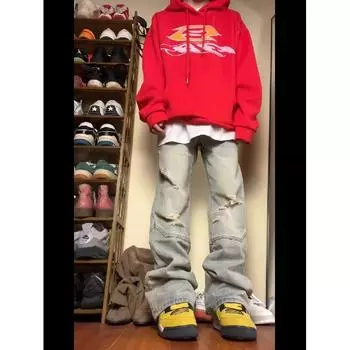 Тренд Гонконга, мужские летние новые прямые джинсы с персонализированными надписями в стиле хип-хоп, модные уличные модные красивые брюки в стиле хулиган S жёлтый