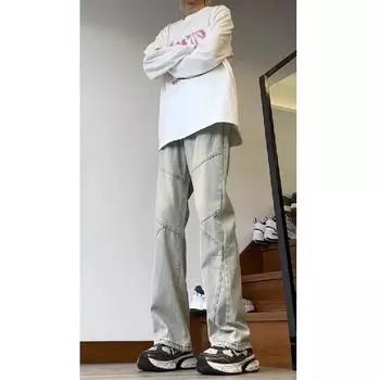 Тренд Гонконга, мужские летние новые прямые джинсы с персонализированными надписями в стиле хип-хоп, модные уличные модные красивые брюки в стиле хулиган S жёлтый