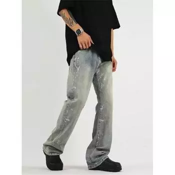 Тренд Гонконга, мужские летние новые прямые джинсы с персонализированными надписями в стиле хип-хоп, модные уличные модные красивые брюки в стиле хулиган S синий