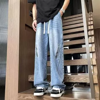 Тренд Гонконга, мужские летние новые прямые джинсы с персонализированными надписями в стиле хип-хоп, модные уличные модные красивые брюки в стиле хулиган S чёрный