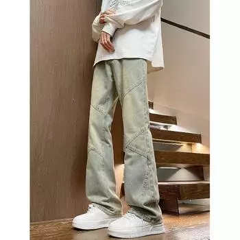 Тренд Гонконга, мужские летние новые прямые джинсы с персонализированными надписями в стиле хип-хоп, модные уличные модные красивые брюки в стиле хулиган S жёлтый