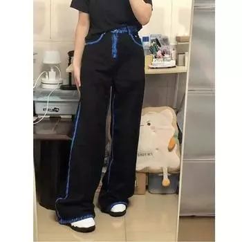 Тренд Гонконга, мужские летние новые прямые джинсы с персонализированными надписями в стиле хип-хоп, модные уличные модные красивые брюки в стиле хулиган S синий