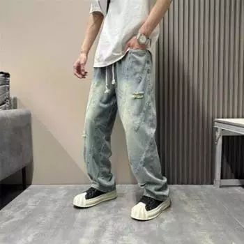 Тренд Гонконга, мужские летние новые прямые джинсы с персонализированными надписями в стиле хип-хоп, модные уличные модные красивые брюки в стиле хулиган S синий