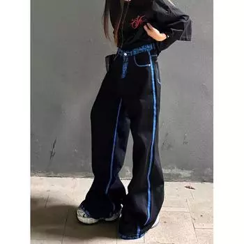 Тренд Гонконга, мужские летние новые прямые джинсы с персонализированными надписями в стиле хип-хоп, модные уличные модные красивые брюки в стиле хулиган S синий