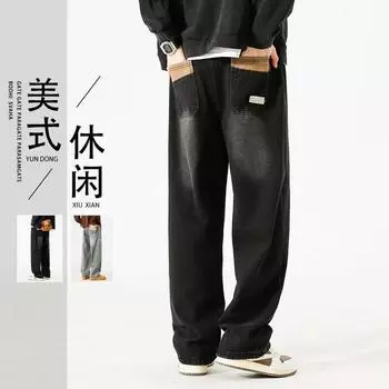 Тренд Гонконга, мужские летние новые прямые джинсы с персонализированными надписями в стиле хип-хоп, модные уличные модные красивые брюки в стиле хулиган S чёрный