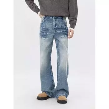 Тренд Гонконга, мужские летние новые прямые джинсы с персонализированными надписями в стиле хип-хоп, модные уличные модные красивые брюки в стиле хулиган S синий