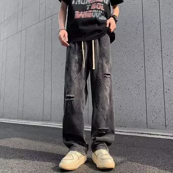 Тренд Гонконга, мужские летние новые прямые джинсы с персонализированными надписями в стиле хип-хоп, модные уличные модные красивые брюки в стиле хулиган S синий