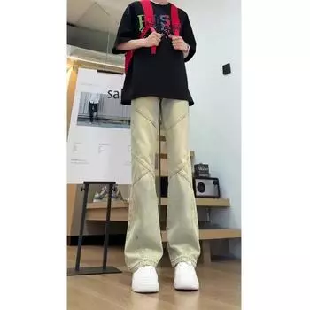 Тренд Гонконга, мужские летние новые прямые джинсы с персонализированными надписями в стиле хип-хоп, модные уличные модные красивые брюки в стиле хулиган S жёлтый