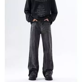 Тренд Гонконга, мужские летние новые прямые джинсы с персонализированными надписями в стиле хип-хоп, модные уличные модные красивые брюки в стиле хулиган S чёрный