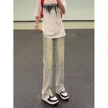 Тренд Гонконга, мужские летние новые прямые джинсы с персонализированными надписями в стиле хип-хоп, модные уличные модные красивые брюки в стиле хулиган S жёлтый