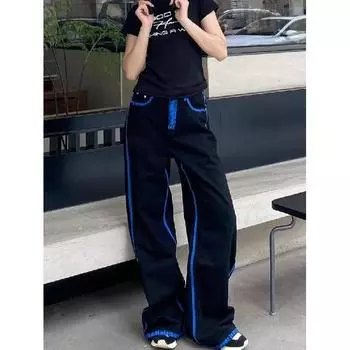 Тренд Гонконга, мужские летние новые прямые джинсы с персонализированными надписями в стиле хип-хоп, модные уличные модные красивые брюки в стиле хулиган S синий