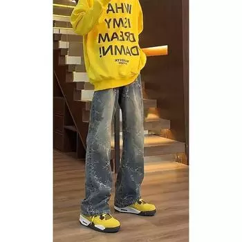 Тренд Гонконга, мужские летние новые прямые джинсы с персонализированными надписями в стиле хип-хоп, модные уличные модные красивые брюки в стиле хулиган S темно-синий
