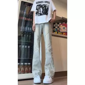 Тренд Гонконга, мужские летние новые прямые джинсы с персонализированными надписями в стиле хип-хоп, модные уличные модные красивые брюки в стиле хулиган S жёлтый