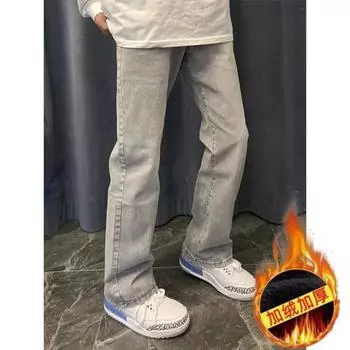 Тренд Гонконга, мужские летние новые прямые джинсы с персонализированными надписями в стиле хип-хоп, модные уличные модные красивые брюки в стиле хулиган S светло-серый