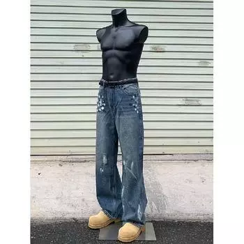 Тренд Гонконга, мужские летние новые прямые джинсы с персонализированными надписями в стиле хип-хоп, модные уличные модные красивые брюки в стиле хулиган S синий