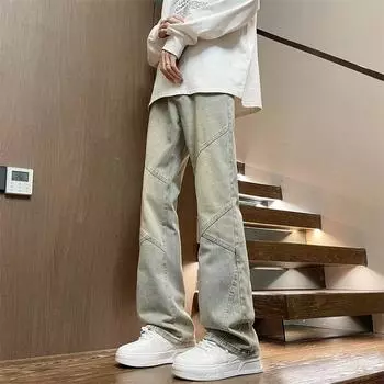 Тренд Гонконга, мужские летние новые прямые джинсы с персонализированными надписями в стиле хип-хоп, модные уличные модные красивые брюки в стиле хулиган S жёлтый