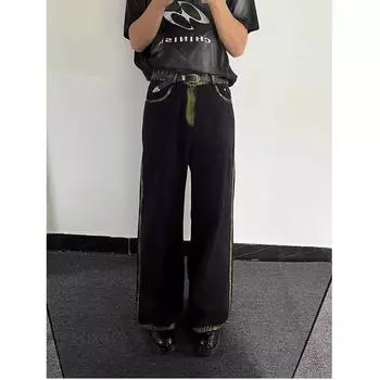 Тренд Гонконга, мужские летние новые прямые джинсы с персонализированными надписями в стиле хип-хоп, модные уличные модные красивые брюки в стиле хулиган S синий