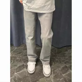 Тренд Гонконга, мужские летние новые прямые джинсы с персонализированными надписями в стиле хип-хоп, модные уличные модные красивые брюки в стиле хулиган S светло-серый