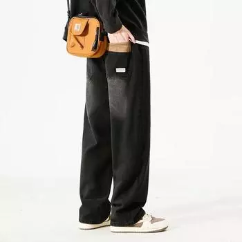 Тренд Гонконга, мужские летние новые прямые джинсы с персонализированными надписями в стиле хип-хоп, модные уличные модные красивые брюки в стиле хулиган S чёрный