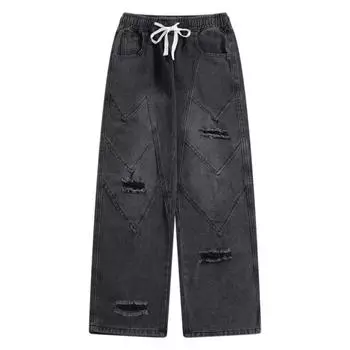 Тренд Гонконга, мужские летние новые прямые джинсы с персонализированными надписями в стиле хип-хоп, модные уличные модные красивые брюки в стиле хулиган S синий