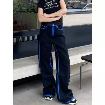 Тренд Гонконга, мужские летние новые прямые джинсы с персонализированными надписями в стиле хип-хоп, модные уличные модные красивые брюки в стиле хулиган S синий