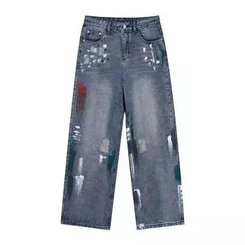 Тренд Гонконга, мужские летние новые прямые джинсы с персонализированными надписями в стиле хип-хоп, модные уличные модные красивые брюки в стиле хулиган S синий