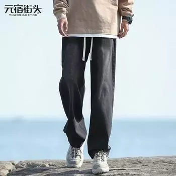 Тренд Гонконга, мужские летние новые прямые джинсы с персонализированными надписями в стиле хип-хоп, модные уличные модные красивые брюки в стиле хулиган S чёрный