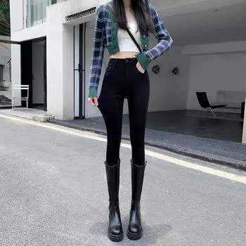 Trend ins high-waisted jeans women s tight-fitting small feet 2025 autumn and winter new thin elastic pencil jeans 26