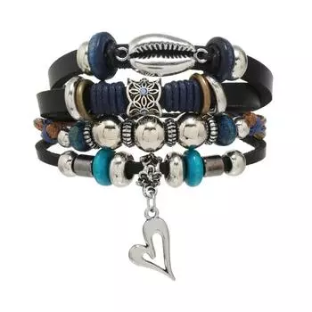 Trend jewelry jewelry new shell pattern love wooden beads retro multi-layer leather bracelet чёрный