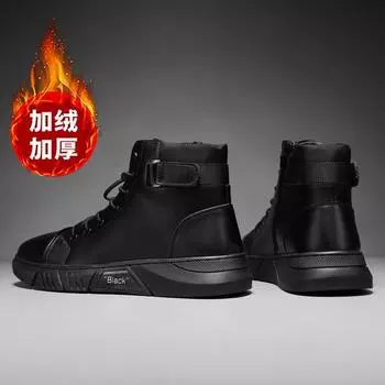 Trend Martin boots men s high-top fashion casual leather boots new 2025 popular British style velvet warm Martin boots 39 чёрный