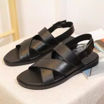 Трендовые мужские сандалии из натуральной кожи, летние дышащие черные кожаные повседневные сандалии, модные легкие сандалии на плоской подошве, деловая обувь 38 чёрный