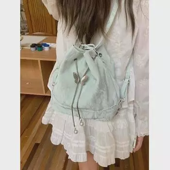 Тренд Mint Mambo 2025: Женский зеленый рюкзак и сумка-ведро — корейский стиль, универсальная модель, на одно плечо и подмышку чёрный