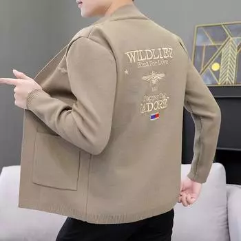 Тренд мужской весна и осень новый мужской вязаный кардиган молодежный корейский вариант вышитый свитер пальто мужской M