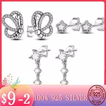 Trend New Sparkling Round Square Star Butterfly Stud Earrings For Women Girl Silver Color Earrings for Teens Luxury Jewelry