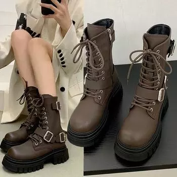 Trend Punk Gothic Boots Women 2024 Winter New Belt Buckle Design Women s Boots Fashionable and Versatile Platform Ladies Shoes 35 коричневый