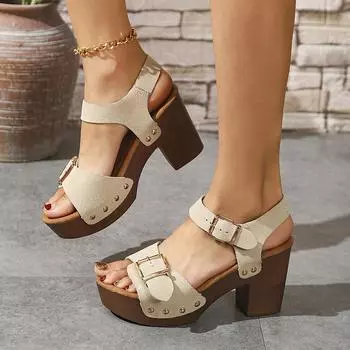 Trend Square Metal Buckle Thick High Heel Sandals Women s Summer New Platform Fashion Sandels Rivet Decor SandalsPlus Size 43 36