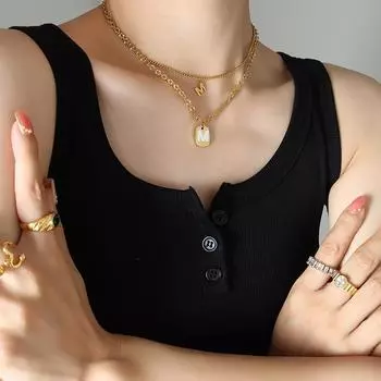 Trend Style Korean Internet Celebrities With Titanium Steel Gold-Plated Inlaid White Sea Shell Letter M Pendant Necklace Double-Layer Stacking