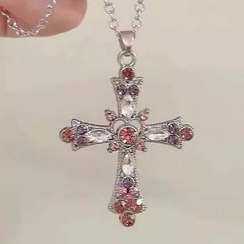 Trend Sweet And Cool Artificial Diamond Cross Pendant Pearl Personality Cool Wild Collarbone Chain Necklace Gift as the picture