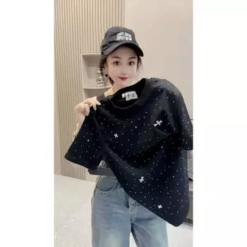 Трендовая американская ретро футболка с коротким рукавом 2024 Новое поступление Горячая стразовая отделка Black 2XL