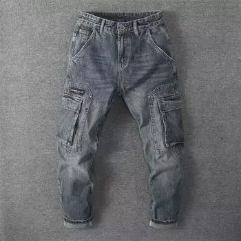 Трендовая американская ретро-мужская одежда 2023 года: Свободные прямые джинсы с множеством карманов на осень M синий